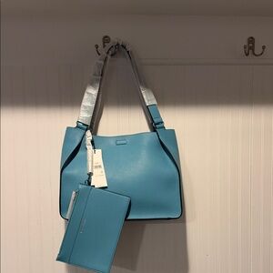 Calvin Klein Turquoise Pebbled Shoulder Tote with Wristlet